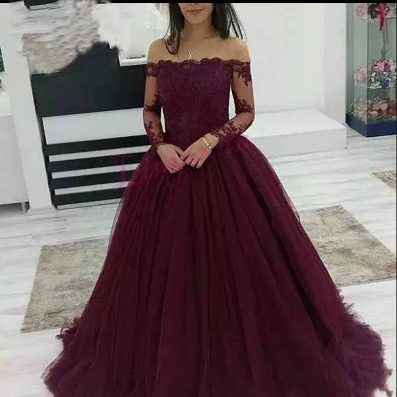 burgundy off the shoulder ball gown