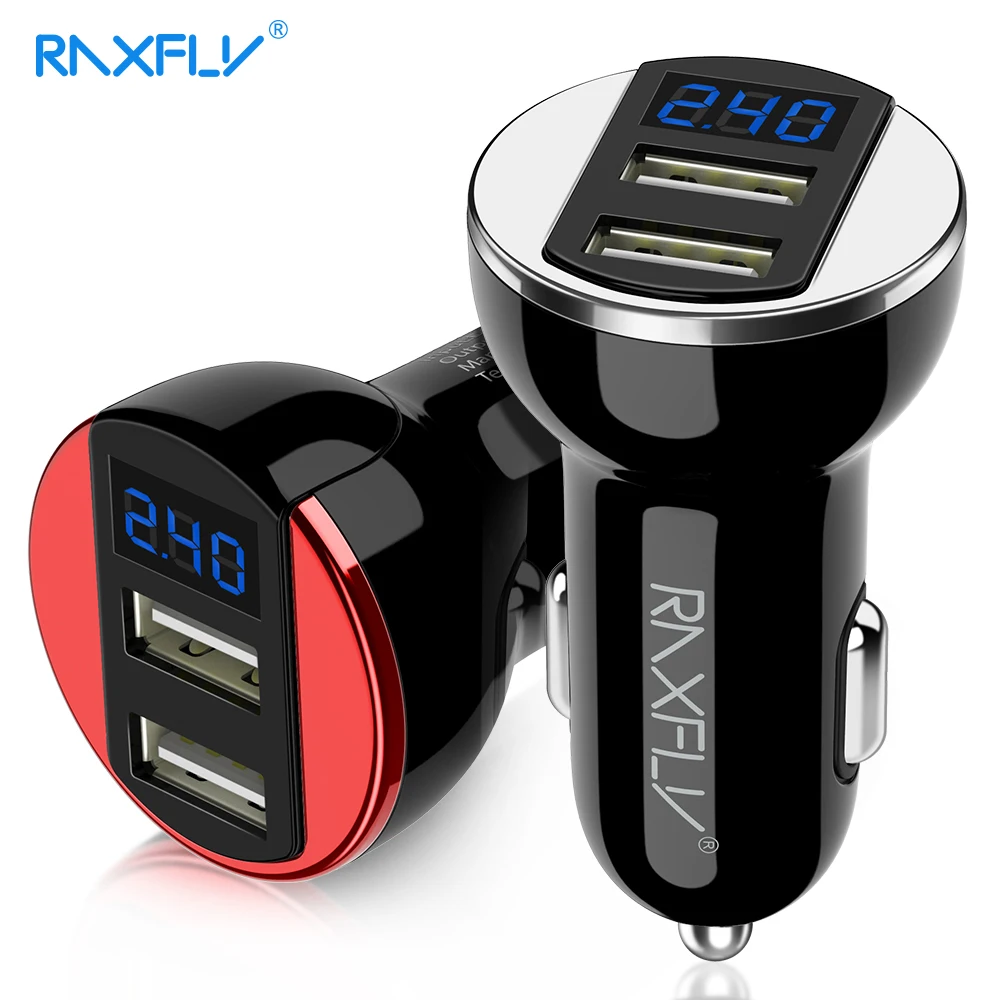 Raxfly Dual USB Ports Car Charger For iPhone 7 8 Car Charging for XIAOMI Huawei LED Display 5V /2.4A for Samsung Car USB Charger