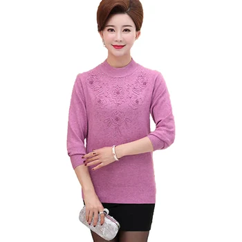 

Autumn Winter Mother Long Sleeve Knitted Bottom Shirt Pullover Women Half Turtleneck Print Diamond Knitted Sweater Jumper F599