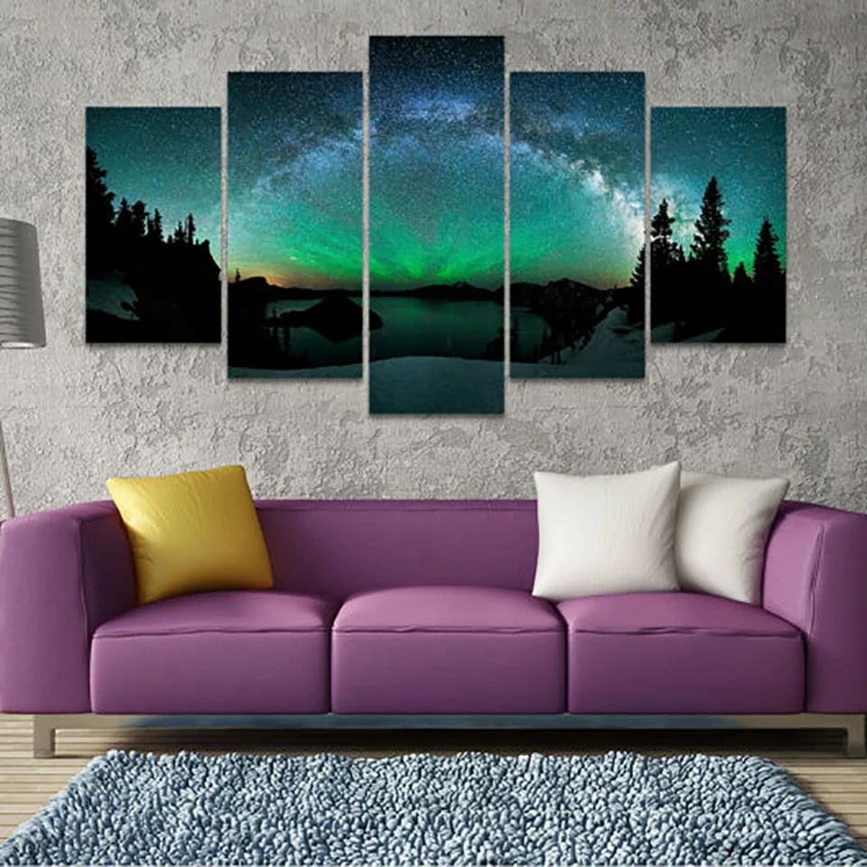 

HD Prints Canvas Poster Modular Paintings 5 Pieces Aurora Forest Beautiful Starry Sky Night Scene Pictures Decor Wall Art Framed