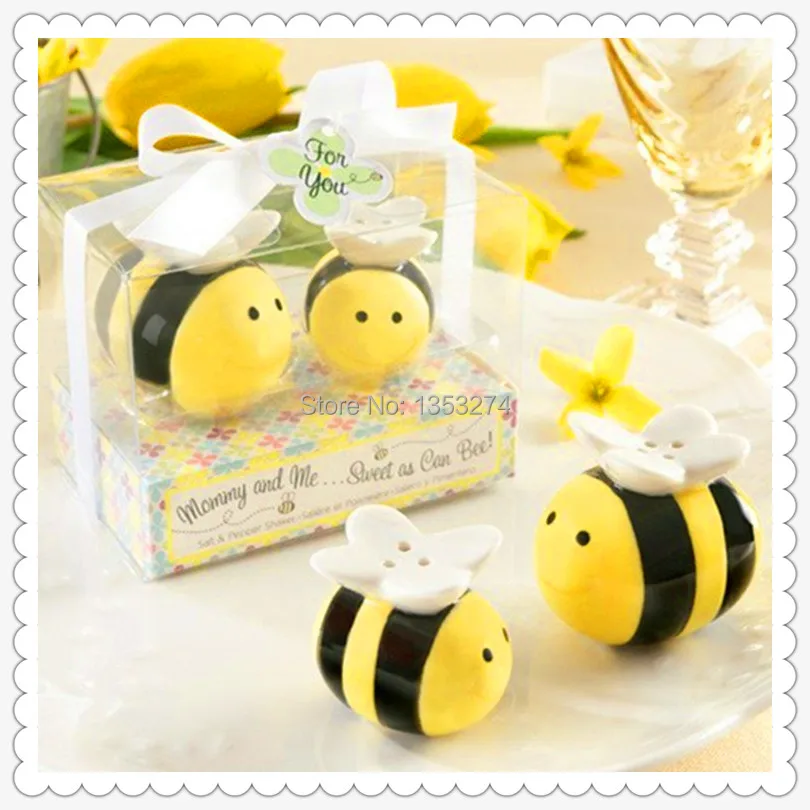 

Free shipping by China Post! 200pcs/lot=100sets/lot! 2 honey bee in one gift box Ceramic Salt and Pepper Shakers Wedding Favor