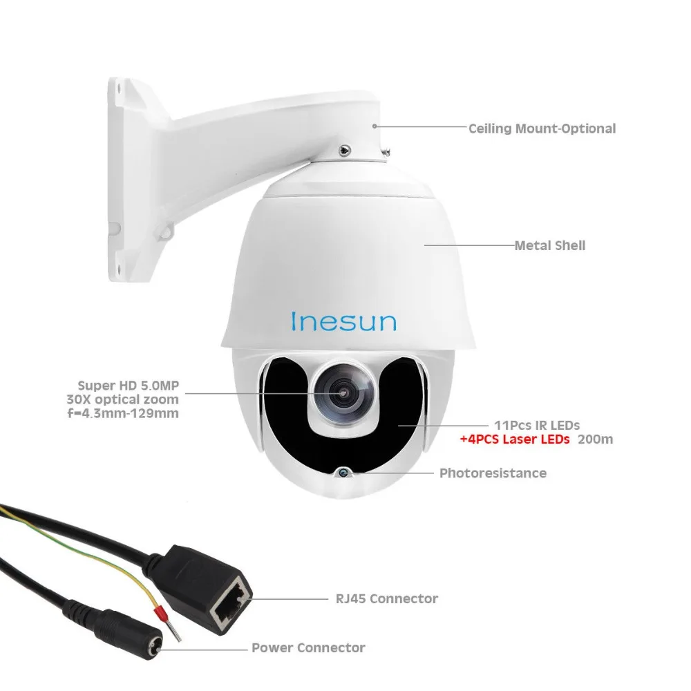 Inesun Super HD 5MP PTZ IP Security Camera Outdoor Pan/Tilt 30X Optical Zoom Laser IR Nigh Vision up to 200m P2P/Motion Alert