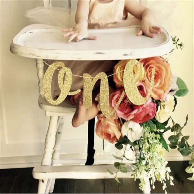

1 Set Glitter Baby Number One Banner Girl Boy 1st Birthday High Chair Baby Shower Prince Princess Party Decorations Supplies-S