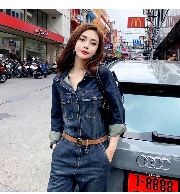 2019 Spring Jumpsuit for Women Ankle-Length High Street Turn-down Collar Denim Jumpsuits with Pocket Size M L XL 2XL 2019 Spring Jumpsuit for Women Ankle-Length High Street Turn-down Collar Denim Jumpsuits with Pocket Size M L XL 2XL