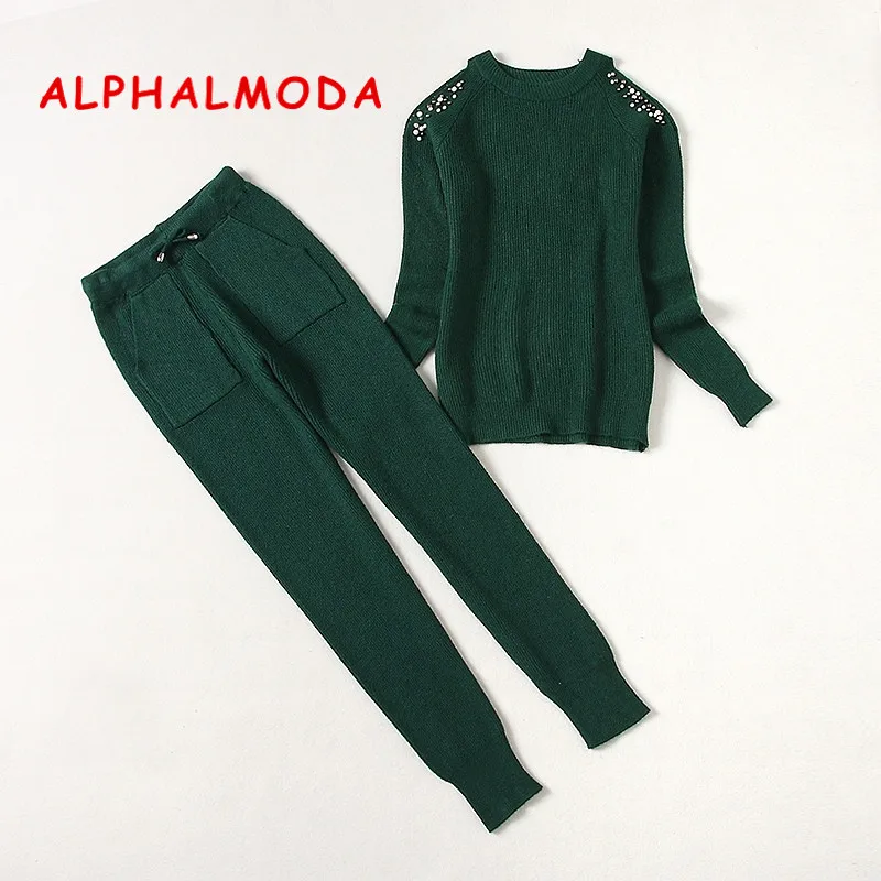 ALPHALMODA 2018 зимний женский свитер с открытыми плечами и бисером комплект из 2