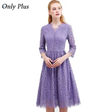 SÓLO PLUS para mujer Púrpura Vestido de Encaje 2017 Otoño Elegante Con Cuello En V de Encaje Hasta Vestido de Fiesta Una Línea de Tres Cuartos de Manga Larga Vestido
