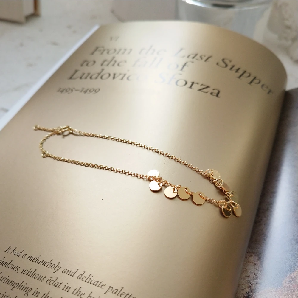 Skinny Gold 925 Sterling Silver Mini Dew Drop Round Tag Sequin Tiny Disc Charm Bangle Bridesmaid Bracelet Wedding Gift For Women