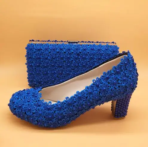 BaoYaFang/Модные женские свадебные туфли на толстом каблуке, ярко-голубой цветок, обувь на платформе и высоком каблуке, с сумочкой в комплекте - Цвет: 7cm shoe with bag