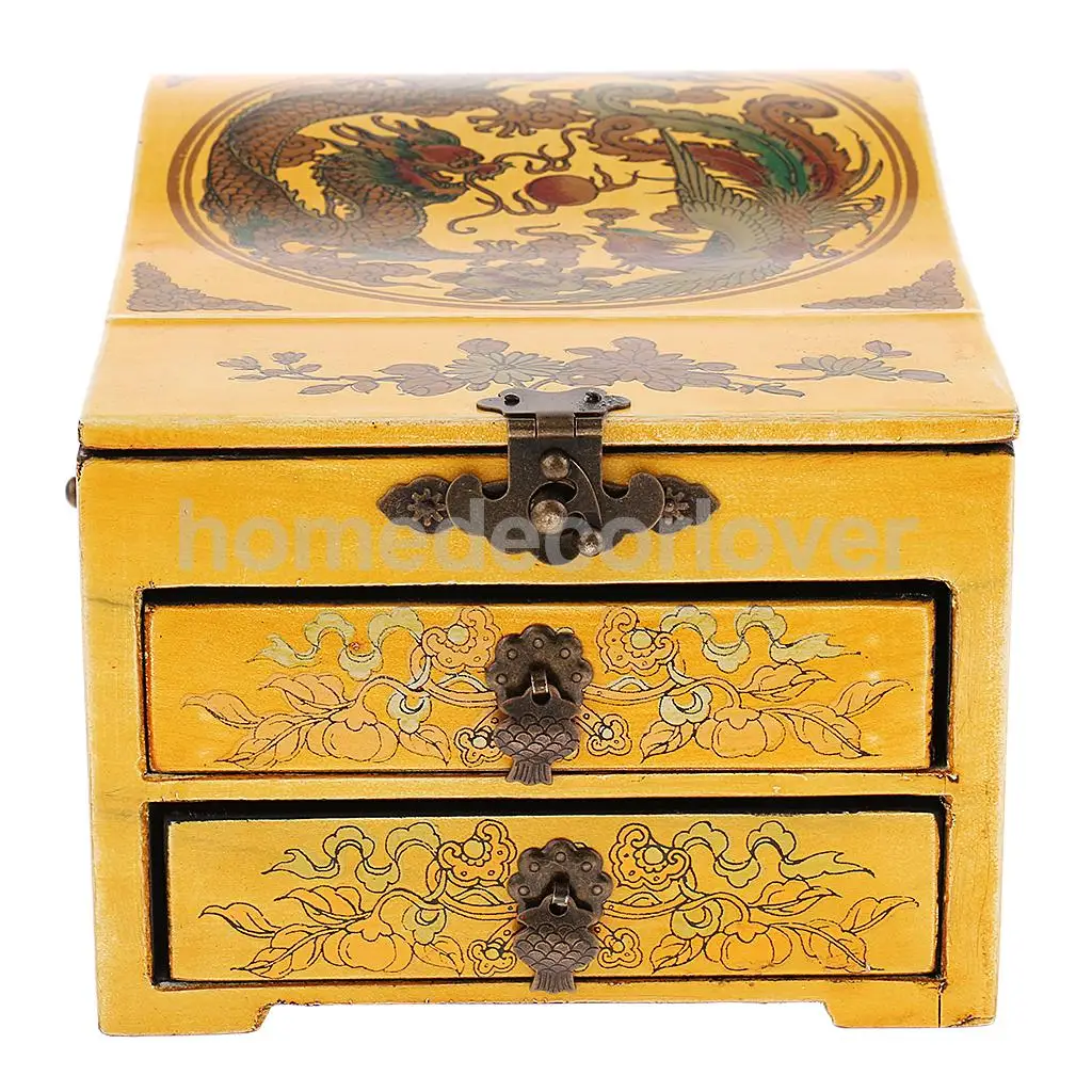 Vintage Wooden Dresser 2 Drawer 1 Mirror for Jewelry Storage Case Box Yellow