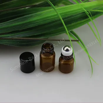 

300pcs 1ml amber glass bottles for essential oils roll on refillable perfume bottle deodorant containers with black lid