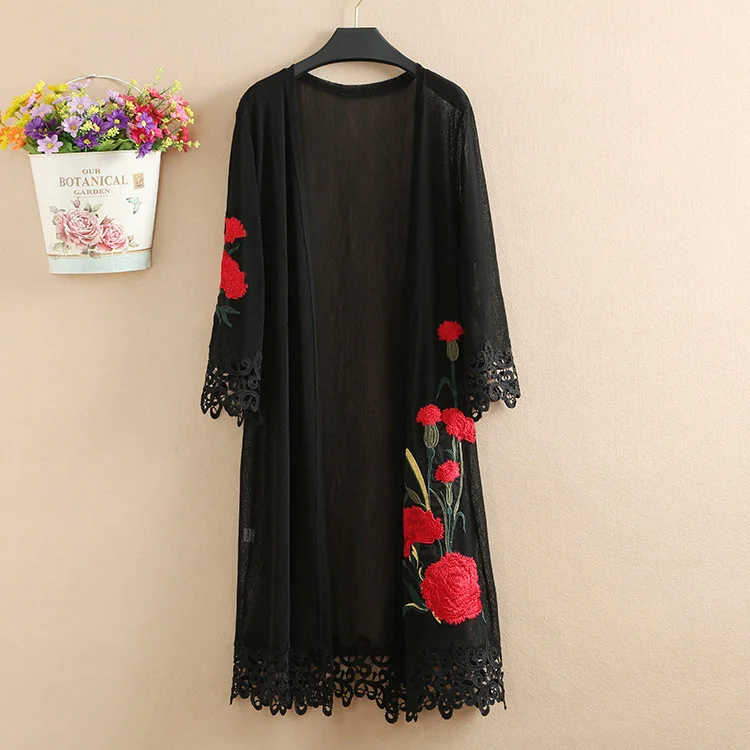 OHRYIYIE Plus Size 5XL Black Floral Printed Women Cardigan Sweater Poncho New Summer Long Loose Hollow Cardigans Pull Femme - Цвет: Черный