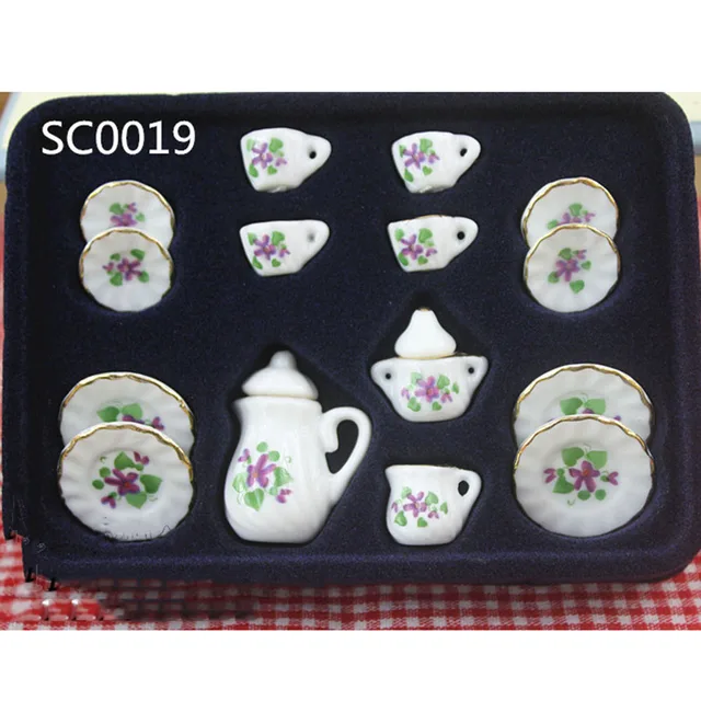 15Pcs 1/12 Dollhouse Miniature Accessories Mini Ceramics Tea Set Simulation Kettle Plate Cup Model Toys Doll House Decoration sc0019