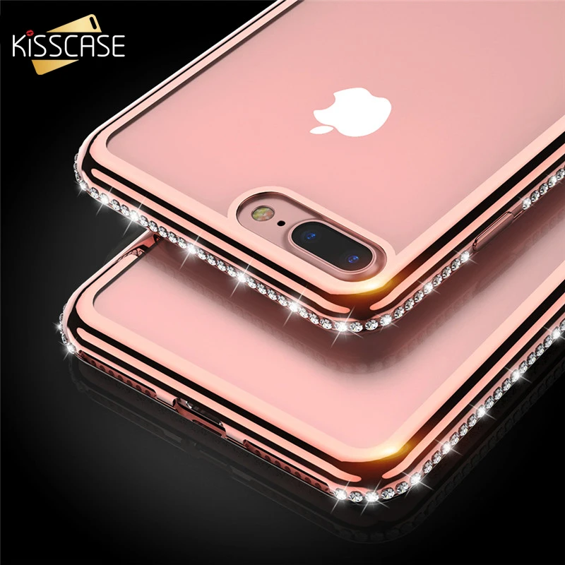 

KISSCASE Case For iPhone X 7 6 Luxury Plating Diamond Rhinestones Soft TPU Phone Case For iPhone 7 8 Plus 6 6s 5 5s Back Cover