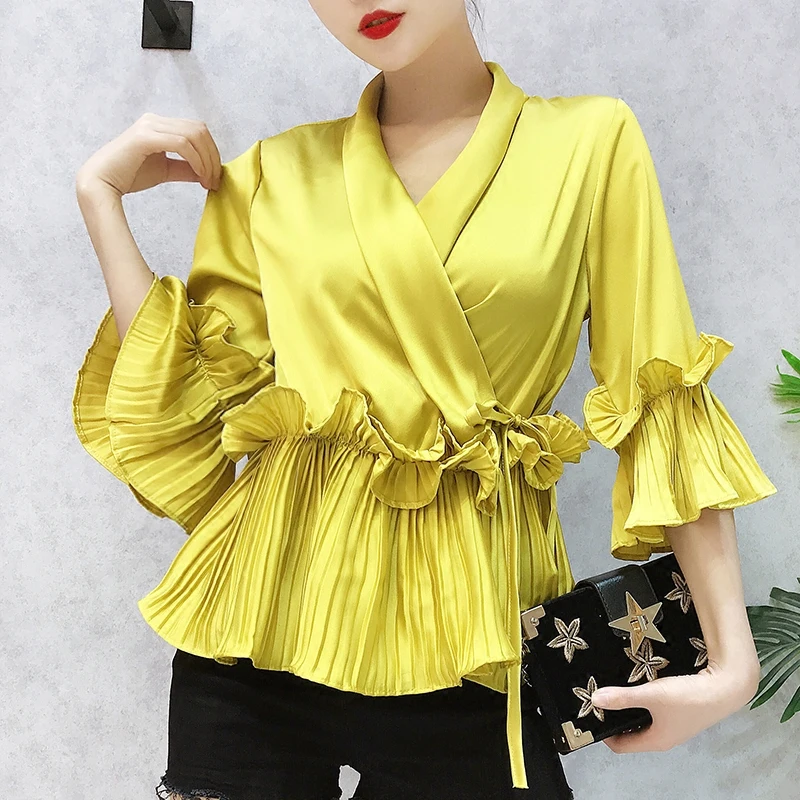

spring and summer new female Deep V-neck ruffles lace up chiffon women shirt three Quarter sleeve shirts women blouses