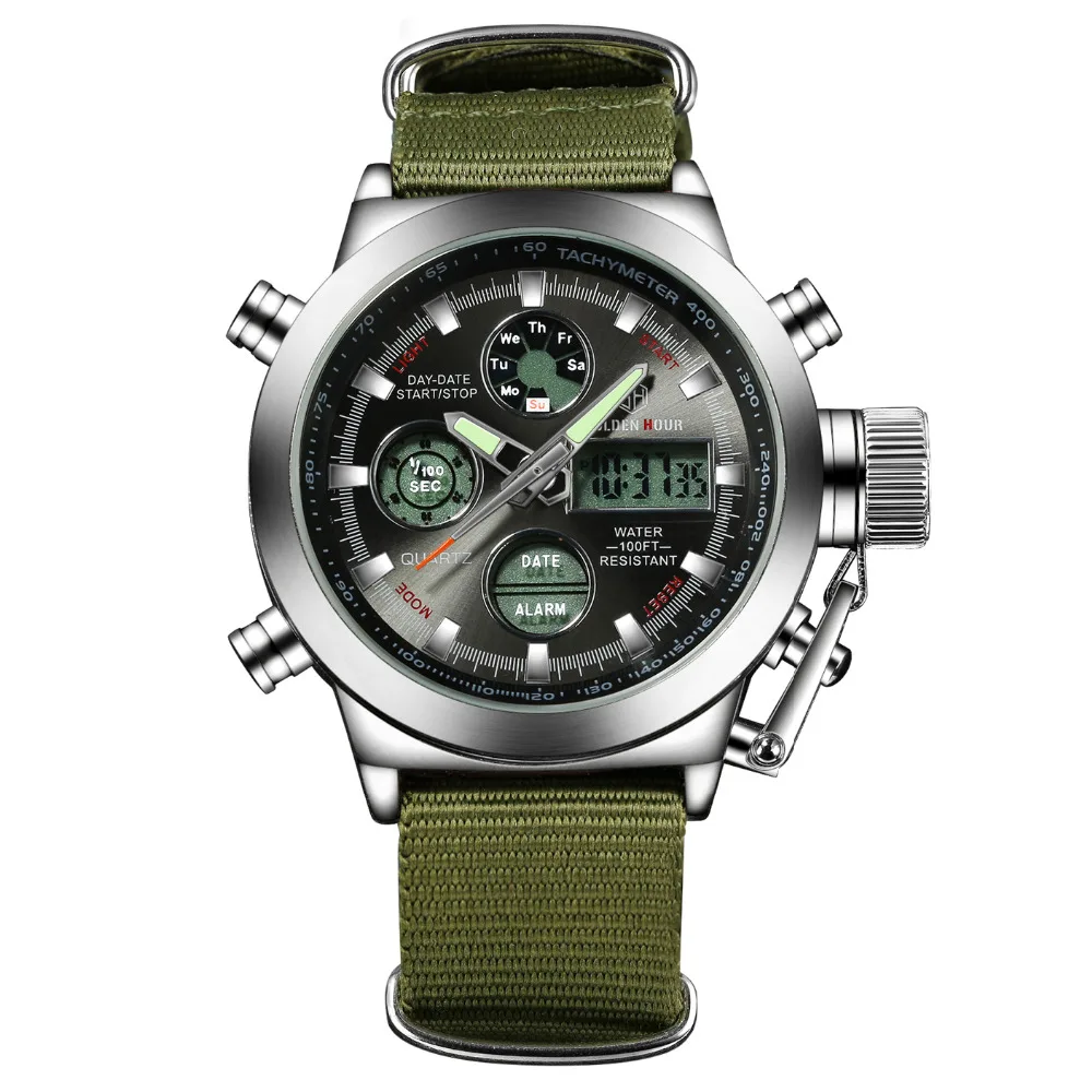 Fashion Army Cool Men Military Watch Canvas Strap Hours Steel Case 3 ATM Waterproof Sports LED Digi