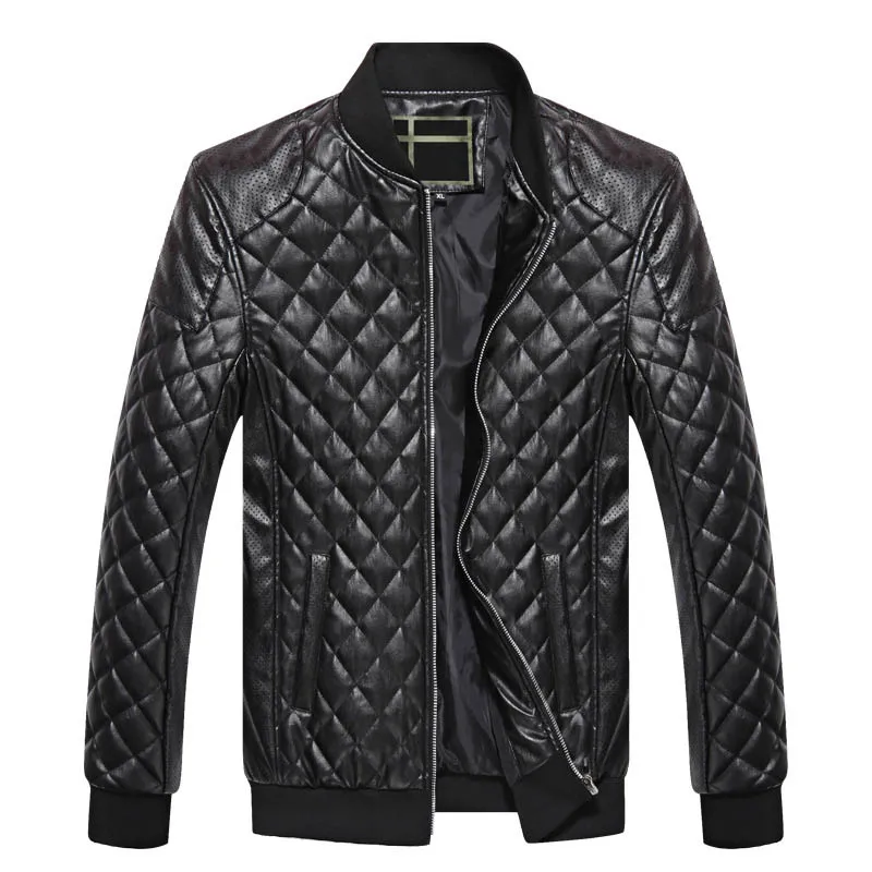 Новая весенняя кожаная куртка мужская мода Slim Fit PU мужская кожаная куртка Стенд воротник длинный рукав Клетчатая Мужская куртка плюс размер M-4XL