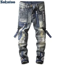 Sokotoo Мужские Винтажные молнии патч рваные джинсы тонкие прямые буквы вышивка Лоскутные потертые джинсовые штаны