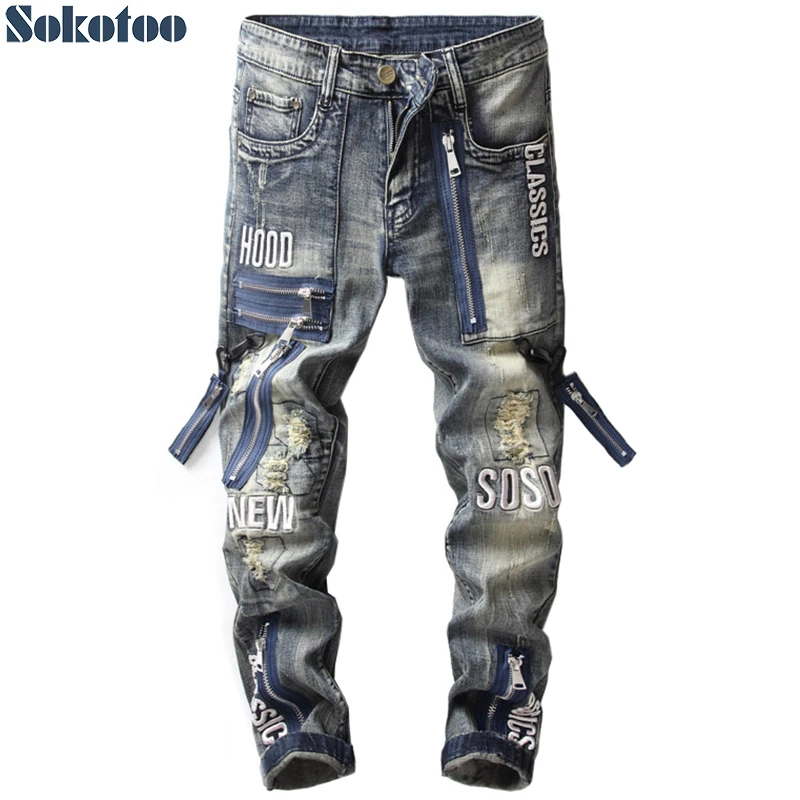 Sokotoo Men's vintage zippers patch ripped jeans Slim straight letters embroidery patchwork distressed denim pants Sokotoo Men's vintage zippers patch ripped jeans Slim straight letters embroidery patchwork distressed denim pants
