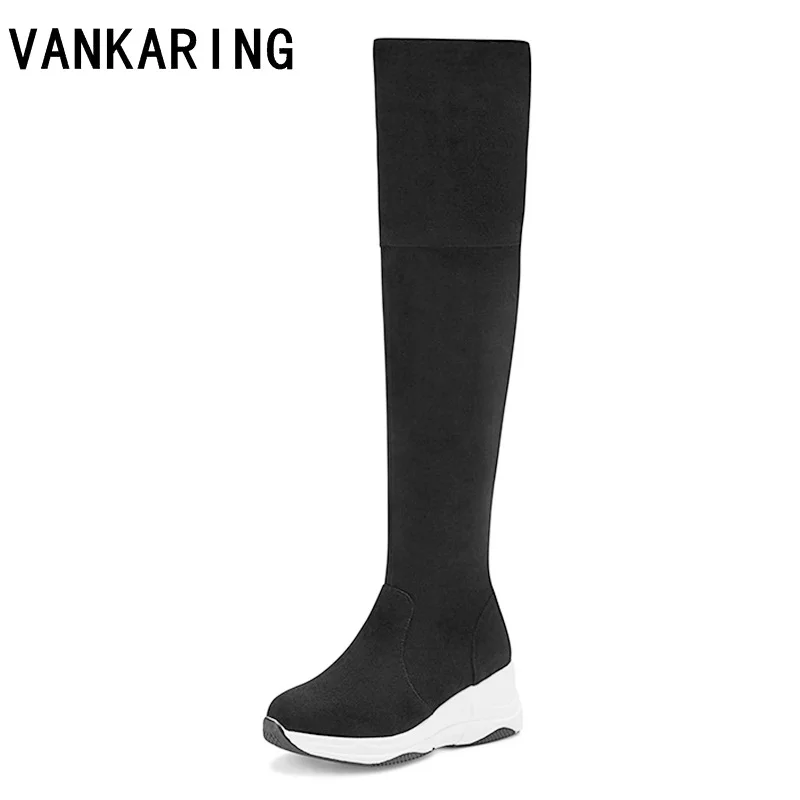 

women's over the knee boots cozy round toe botas black fashion elasticity wedge snow boots high heels knee high boots for women