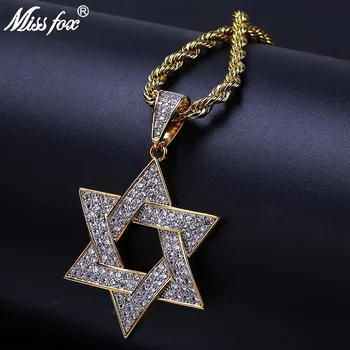 

MISSFOX Hip Hop Six Star of David Shape Pendant Amulet Statement Necklace Tetragrammaton 24K Gold PT Luxury Brand Talisman Long