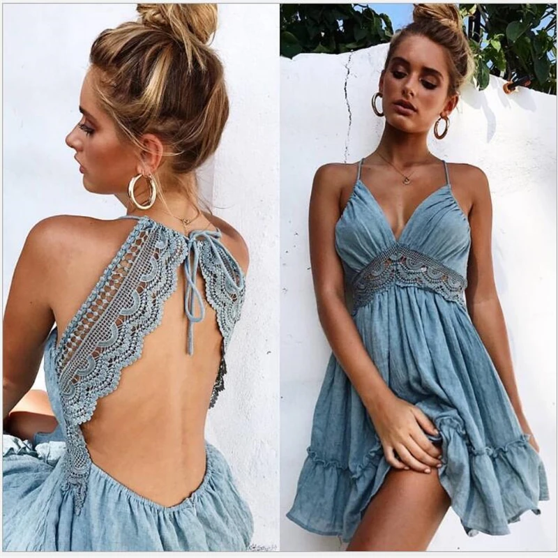 sexy lace strap stitching vacation dresses