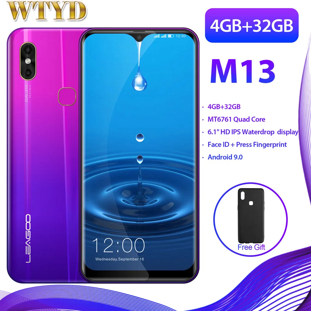 

LEAGOO M13 4GB RAM 32GB ROM Dual SIM 4G Mobile Phone 6.1" Android 9.0 MT6761 Quad Core Waterdrop Fingerprint Face ID Smartphone