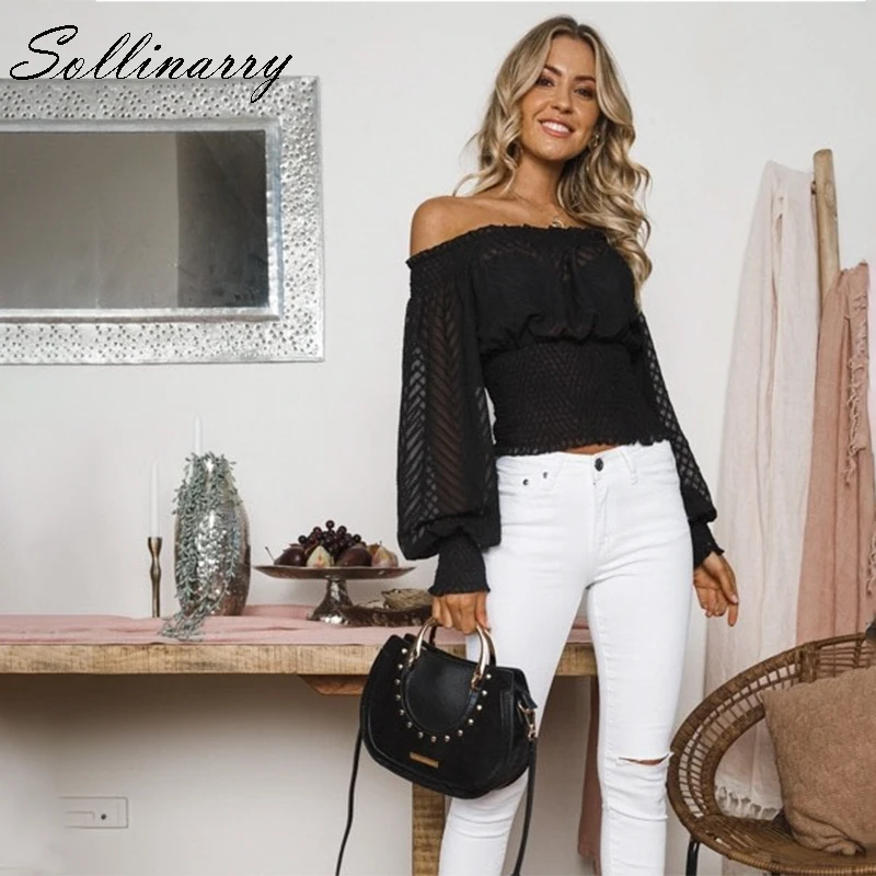 Sollinarry Feminine женский топ и блузки с длинным рукавом Boho бандажные рубашки элегантные женские осенне-зимние сетчатые Блузы с открытыми плечами