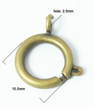 

100pcs 15.5mm(0.61") Antique Bronze Color Brass Round Spring Clasps Jewelry Accessory Bracelets Necklaces Findings Hole: 2.5mm