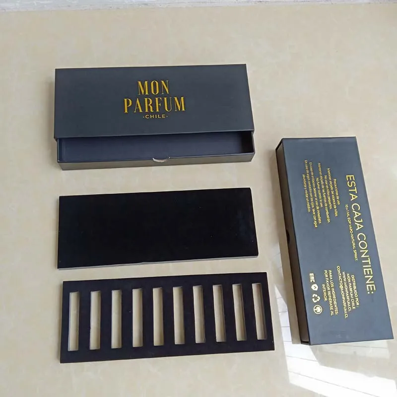 

Custom Matte Black Cardboard Sliding Drawer Gift Storage Packaging Pull Out Paper Drawer Box with EVA insert foam and hole cut