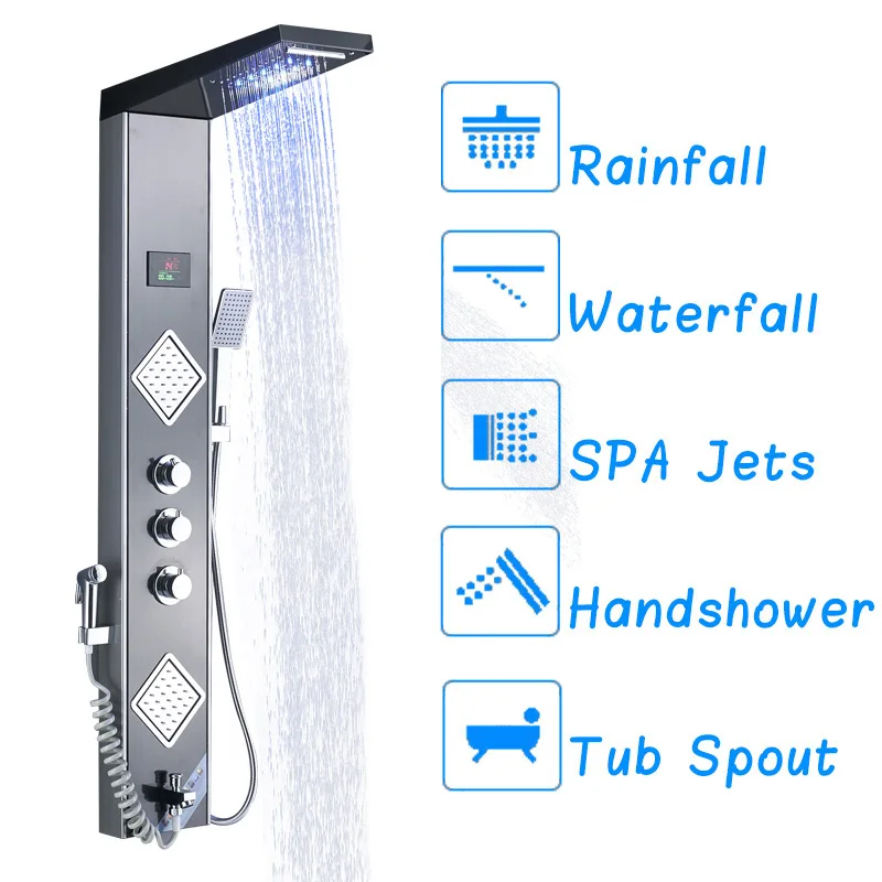 FMHJFISD светодиодный душ панель черная душевая колонка башня цифровой экран температура 3 ручки смеситель спрей биде смеситель для душа кран - Цвет: Black Grey