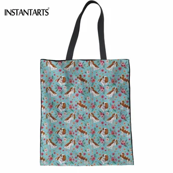 

INSTANTARTS Casual Women Linen Shopping Bags Cute Puppies King Charles Spaniel Flower Print Female Eco Bags Casual Recycling Bag