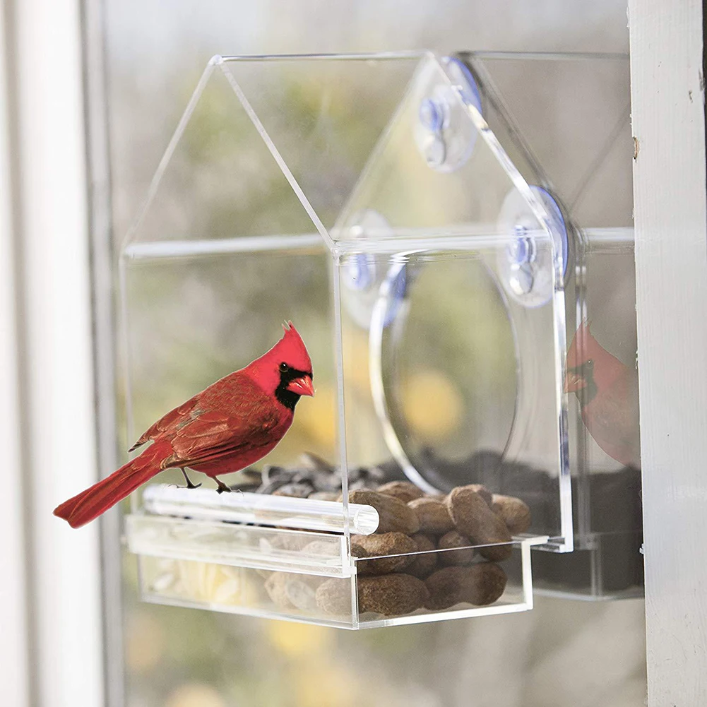 Bird Feeder Transparent Acrylic Adsorption Type House Shape Innovative Suction Cup Feeder