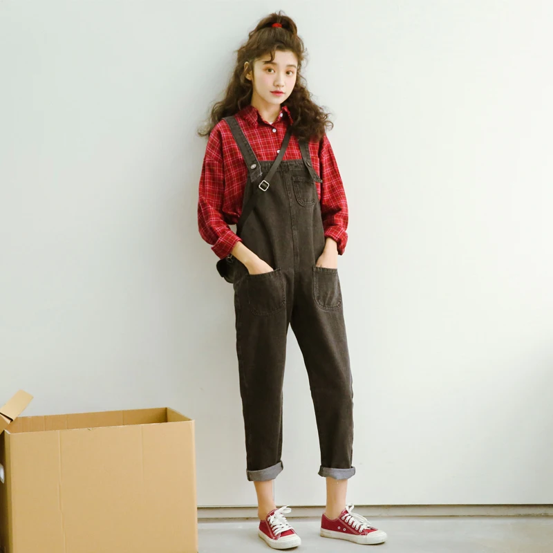 

Pengpious fashion new loose boy friend black denim overalls college girls with pocket retro design denim jumpsuit