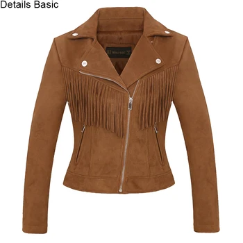

Women high quality suede leather jacket spring fall new casual fashion ladies tassel coat biker jacket pink brown faux leather