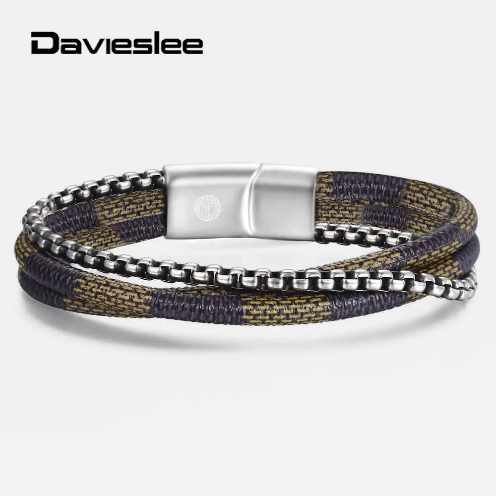 3-Слои Для мужчин s Кожаные браслеты Нержавеющая сталь коробка звено цепи Шарм браслет 8,5 дюймов Магнитный Браслеты для Для мужчин LDLB143