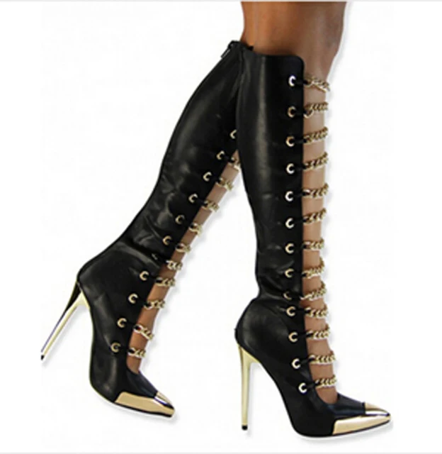 Women Fashion Pointed Gold Metal Toe Knee High Boots Chain Design