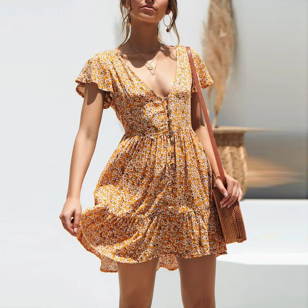  Summer Dress  Women 2022 A Line Sixy Button Womens Boho 