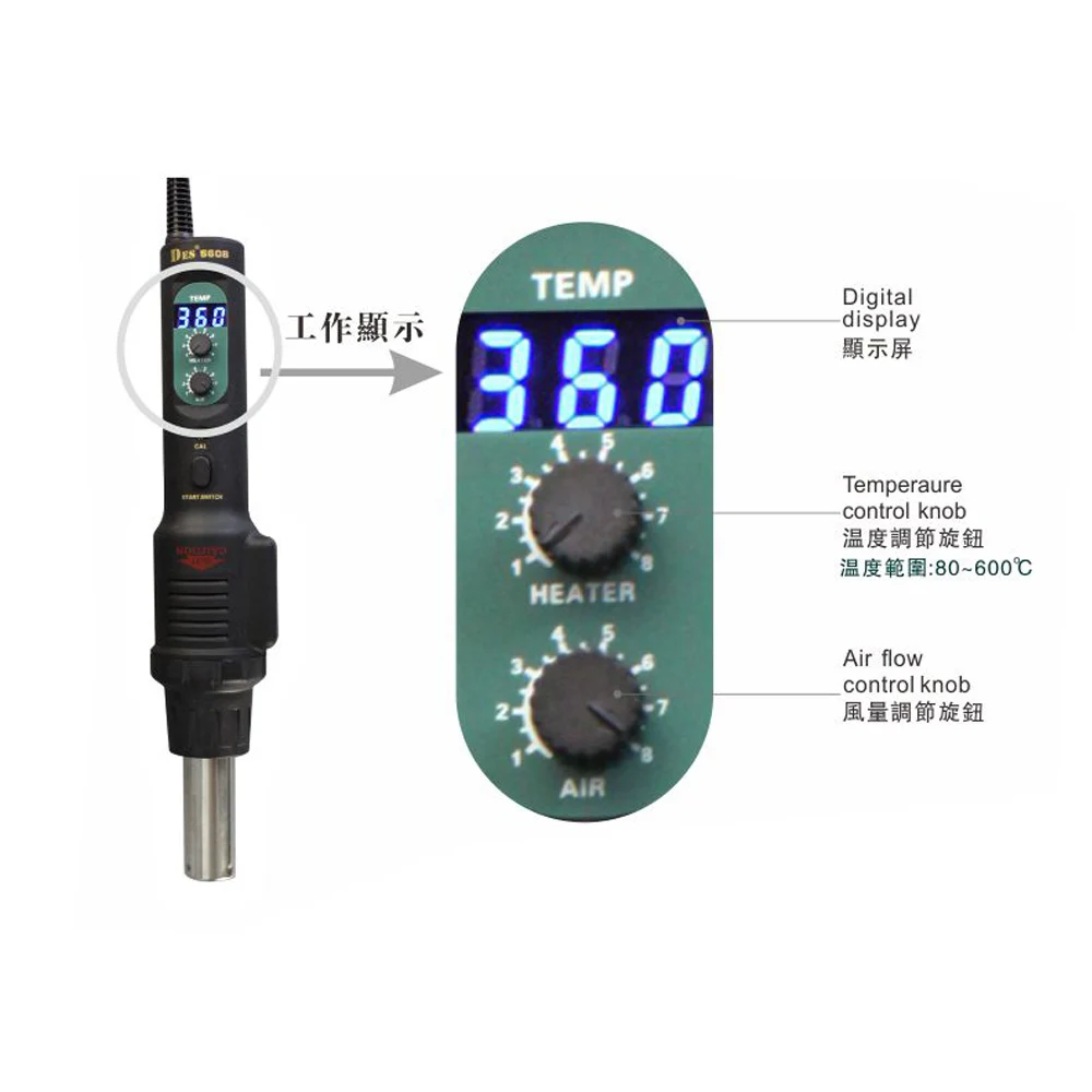 Цифровая фена для пайки 80-600C 560 Вт DES DES-560B Dormancy Тепловая пушка для распайки турбо циклонная паяльная станция