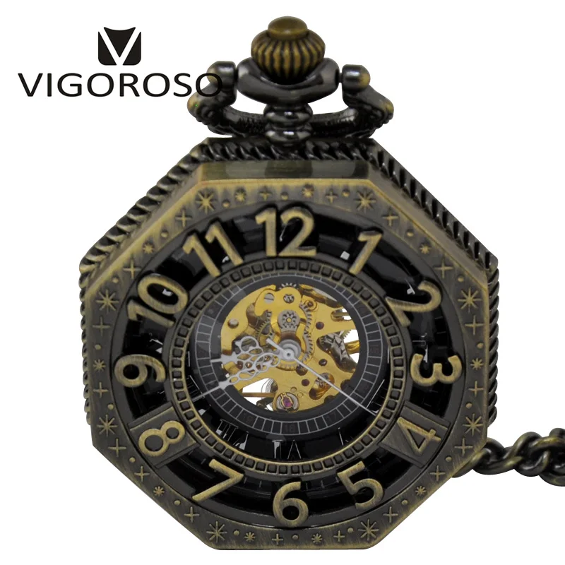Vigoroso стимпанк Бронзовый/черный/розовое золото сплав механические карманные часы Мода Дизайн Скелет Рука обмотки Часы часы - Цвет: Bronze