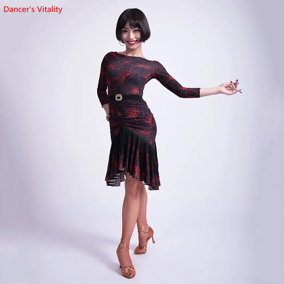 

Women Latin Dance Dress 2018 New V-Neck Long Sleeves Tassel Dresses Adult Female Latin Rumba Samba Dancing Practice Costumes
