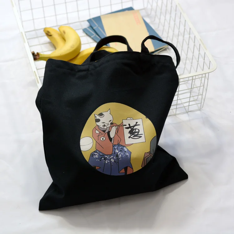 Женская Холщовая Сумка, мультяшная ткань для кошек, сумки для покупок, Женская Большая вместительная сумка через плечо, эко многоразовая сумка для покупок, женские сумки - Цвет: Black