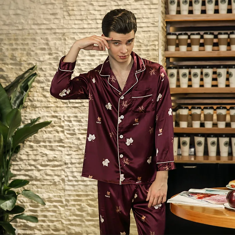 

Simulation silk pajamas Men's spring long-sleeved trousers home service suit Casual two-piece suit silk pajamas for men pajamas