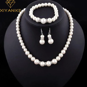 Fashion Classic Imitation Pearl Silver Plated Clear Crystal Top Elegant Party Gift Fashion Costume Pearl Jewelry Sets N85