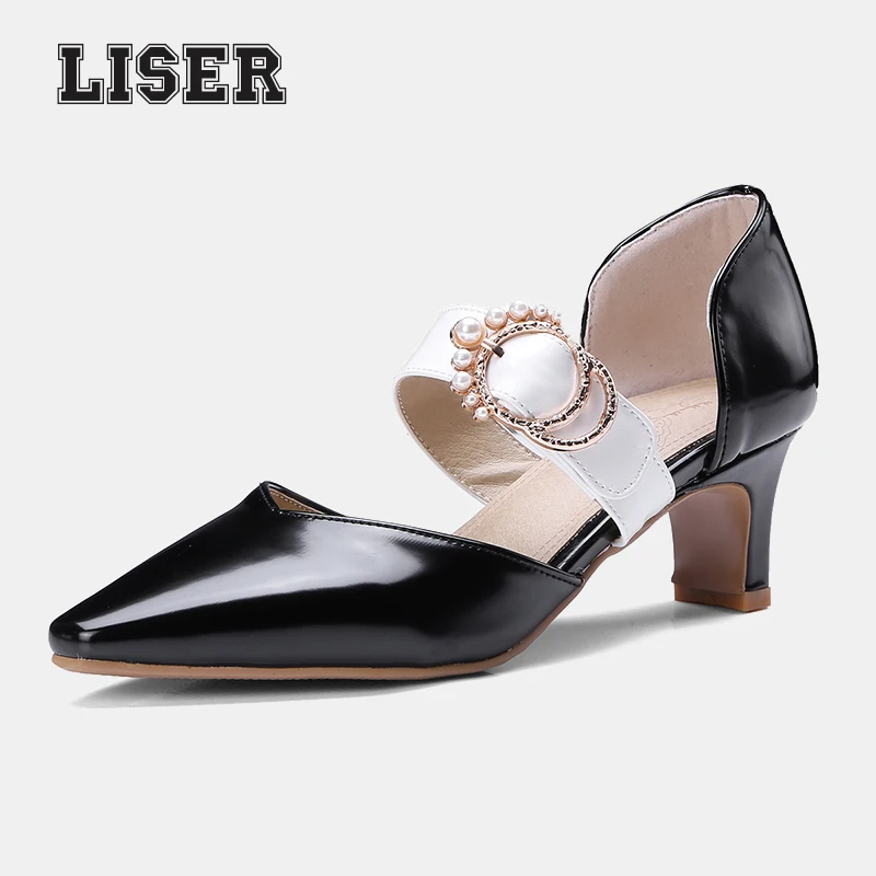 

Women Pumps 2019 Summer Patent Leather Chunky High Heels Bridal Dress Shoes Pointed Toe Buckle for Party Office Large Size 43 44