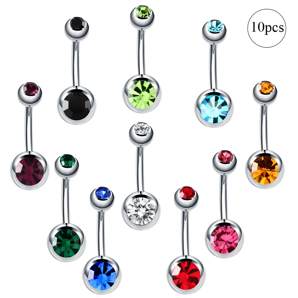

10pcs/lot Steel Ombligo Double Crystal Gem Belly Button Rings Gauged Piercing Navel Nombril Piercing Rings Fashion Jewelry 14g