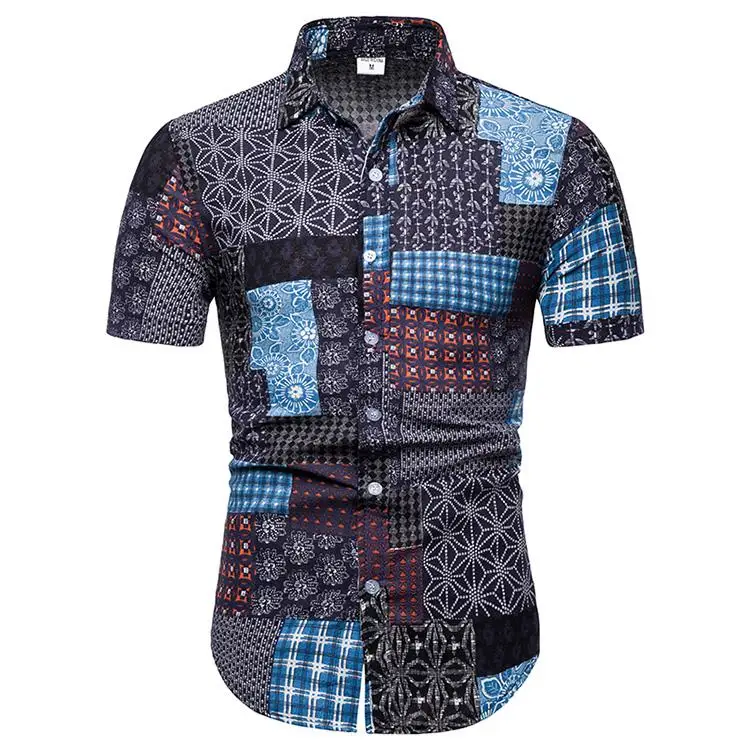 

Linen Shirts Men Floral splicing Short sleeve Blouse Men Social Shirt for Men Plus size Hawaiian style Fashion New