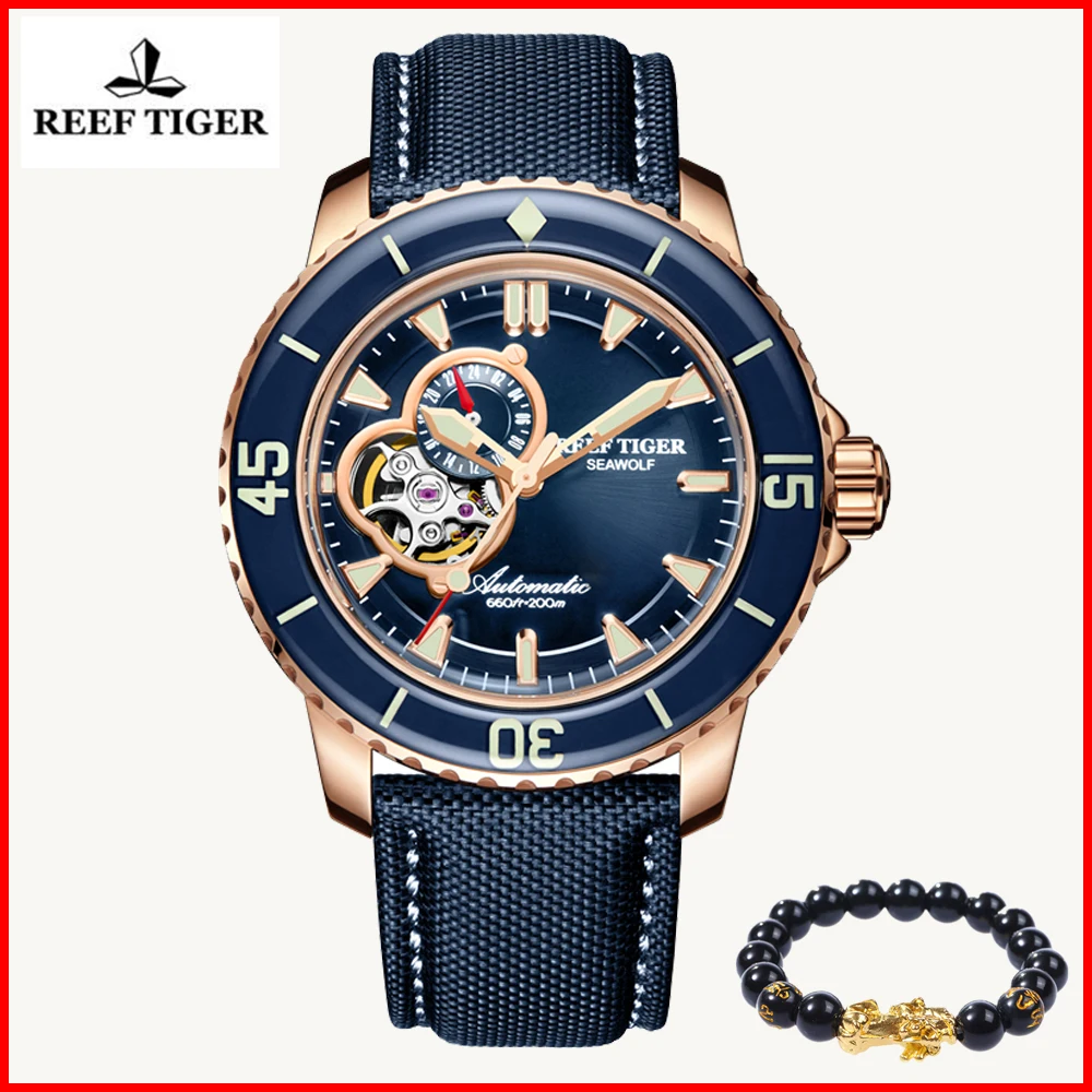 

Reef Tiger/RT Luxury Dive Swim Watches Men Automatic Rose Gold 200M Waterproof Tone Blue Nylon Watch relogio masculino RGA3039