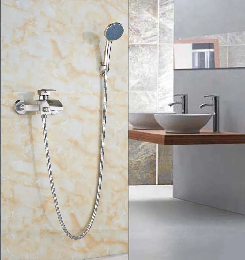 

Widespread Bathtub Shower Faucet Waterfall Spout W/Handheld Brushed Nickle Bath Shower Wall Mount