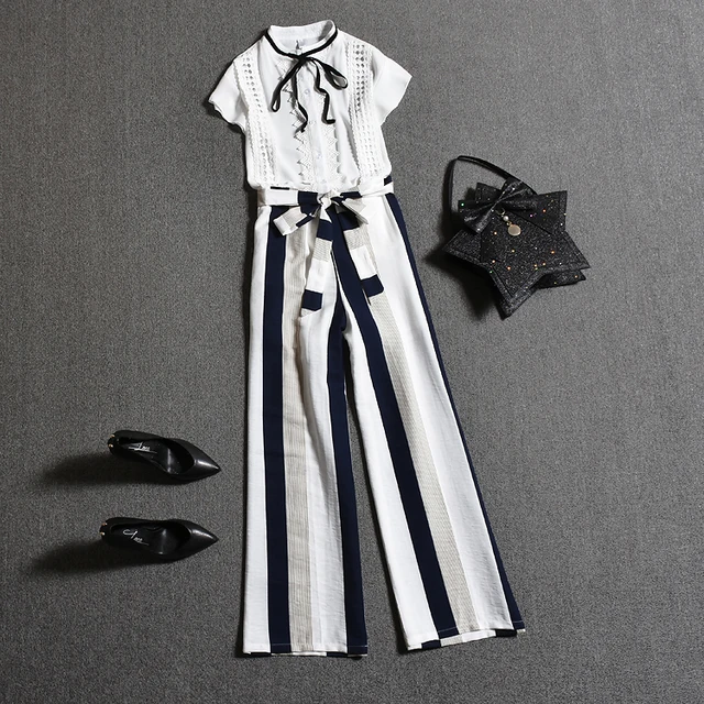 Europe Style Summer 2 Pcs Sets Women Flare Sleeve Ruffles Lace Up Blouses Shirts Tops And Stripped Print  Pants Suit Set NS154