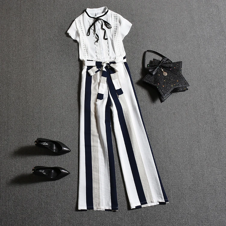Europe Style Summer 2 Pcs Sets Women Flare Sleeve Ruffles Lace Up Blouses Shirts Tops And Stripped Print Pants Suit Set NS154